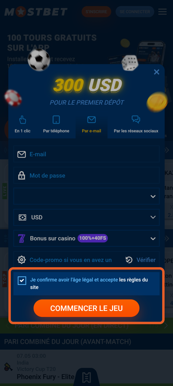 Acceptez les conditions générales et terminez votre inscription sur Mostbet.