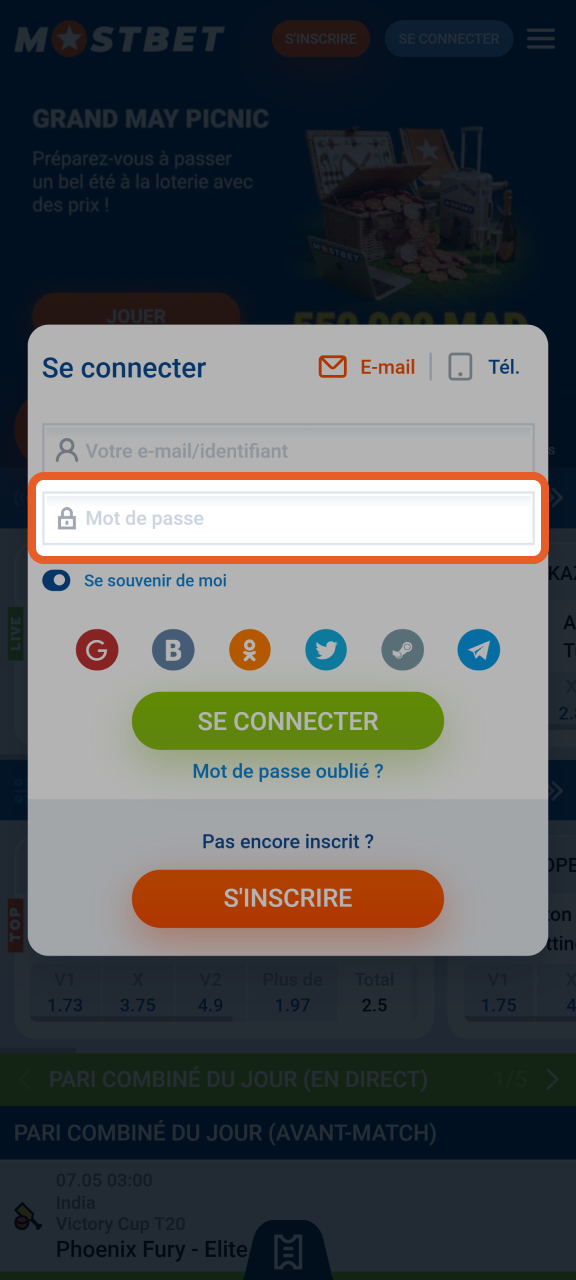 Saisissez votre mot de passe pour vous connecter à votre compte Mostbet.