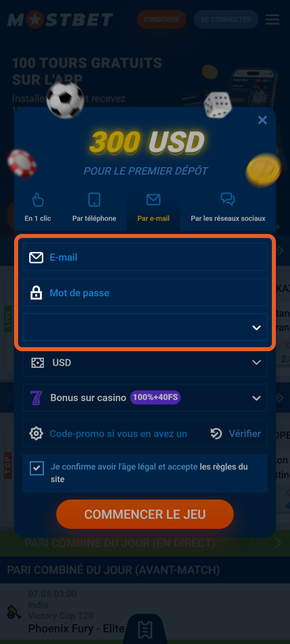 Remplissez les champs obligatoires pour finaliser votre inscription sur la plateforme Mostbet.