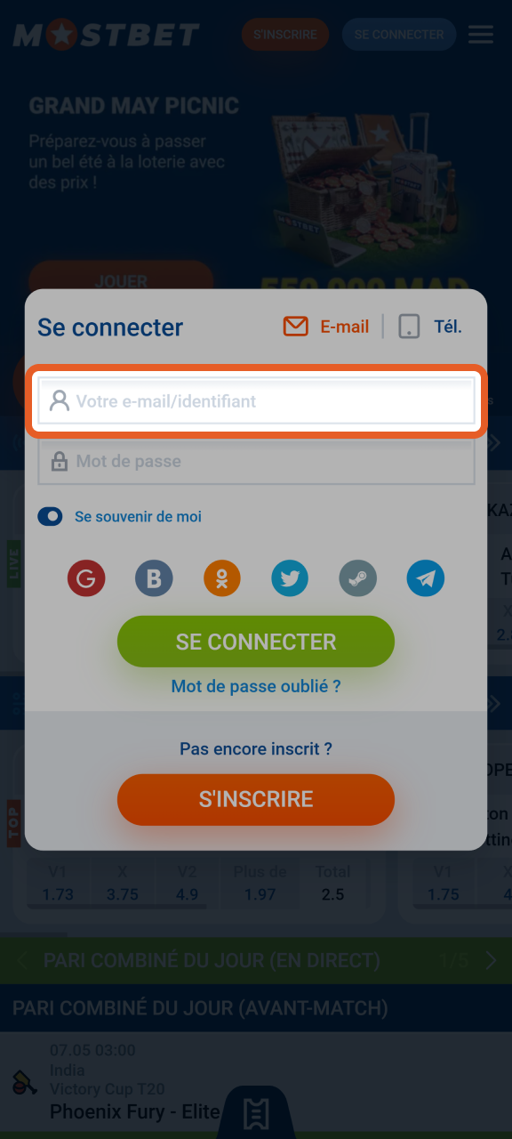 Saisissez les identifiants requis pour vous connecter à Mostbet.