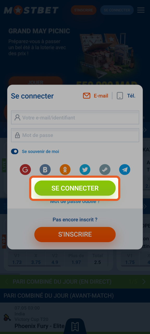 Cliquez sur Connexion pour vous connecter à votre compte Mostbet.