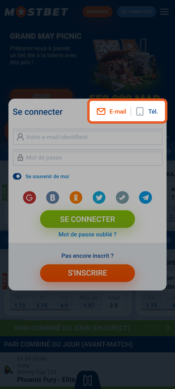 Choisissez un mode de connexion pour vous connecter à Mostbet.