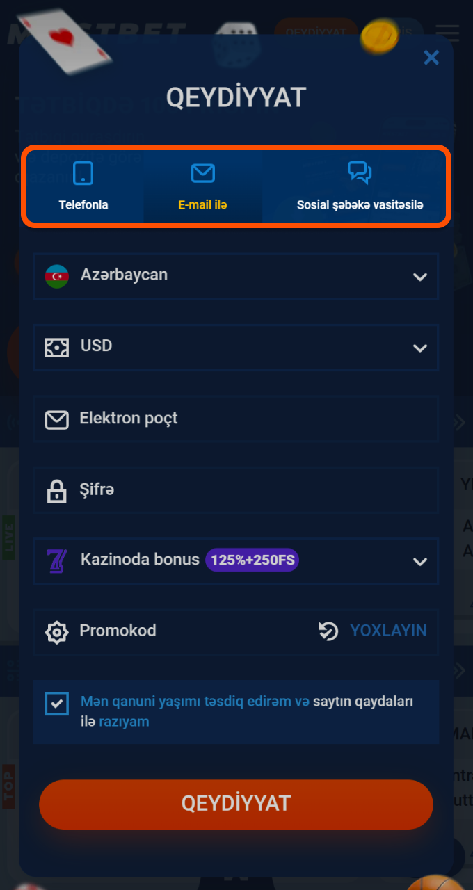 Mostbet idman mərc saytında tez bir zamanda başlamaq üçün üstünlük verdiyiniz qeydiyyat metodunu seçin.