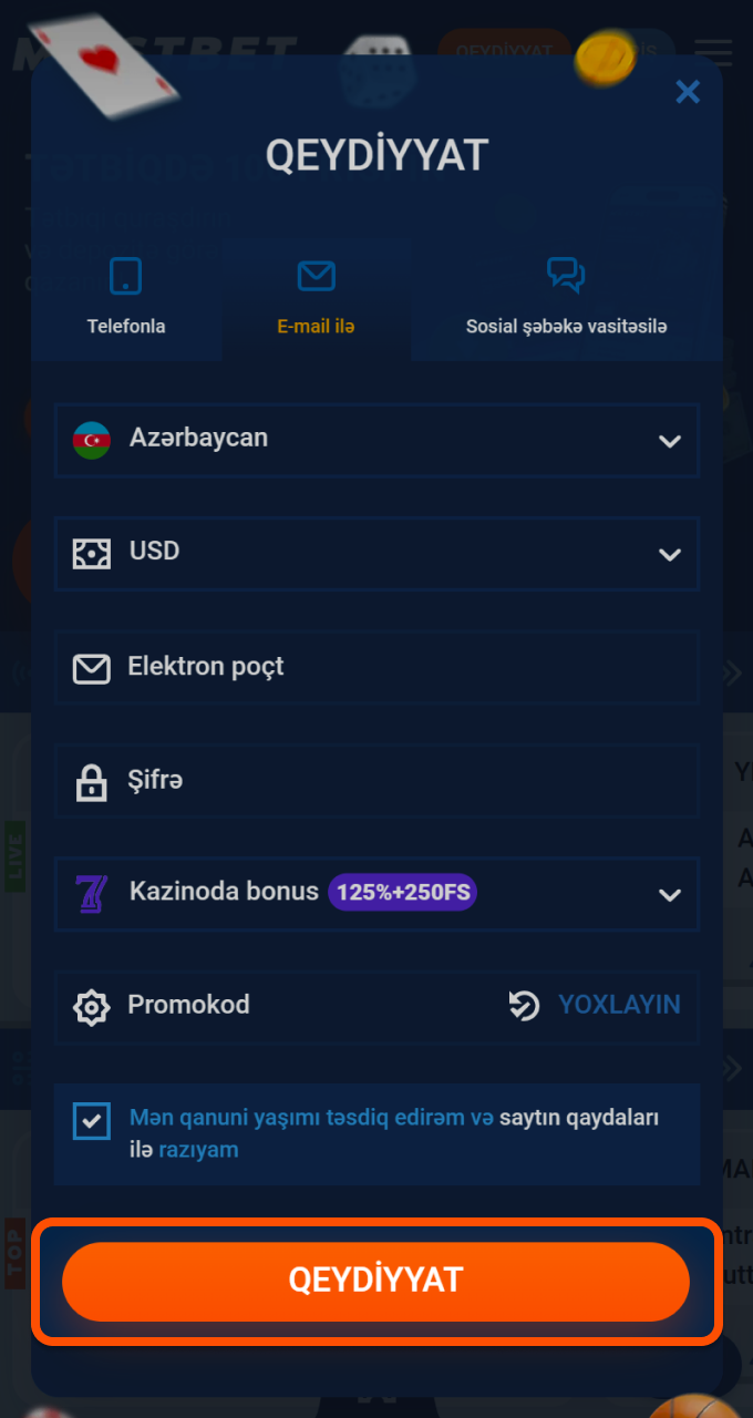 Qeydiyyatınızı tamamlamaq və Mostbet-də oynamağa başlamaq üçün son düyməni basın.