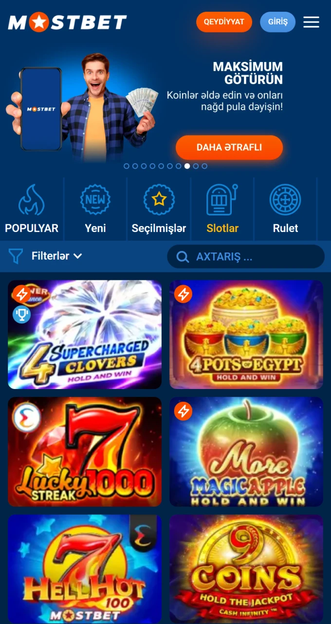 Mostbet kazino interfeysində yüzlərlə premium slot və masa oyunu oynayın.